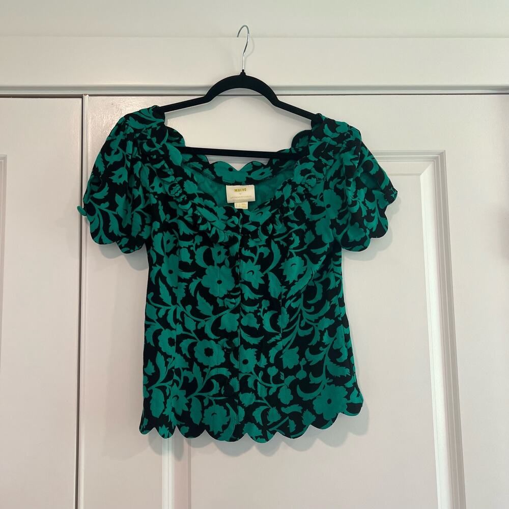 Maeve by Anthropologie Short Sleeve Women's Blouse Green and Black‎ Size 2